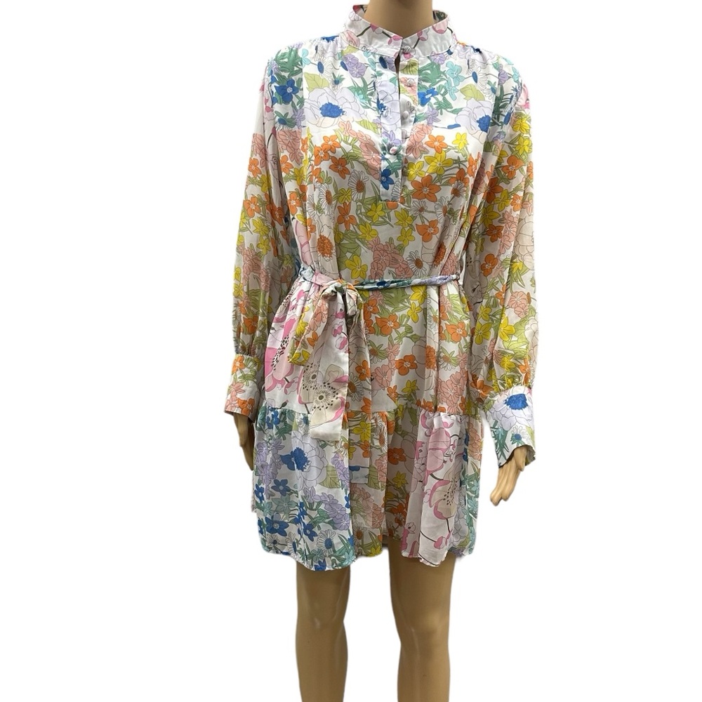 White Multicolor Floral 3 Quarter Sleeve Tie Belted Half Button Up Lined Dress S